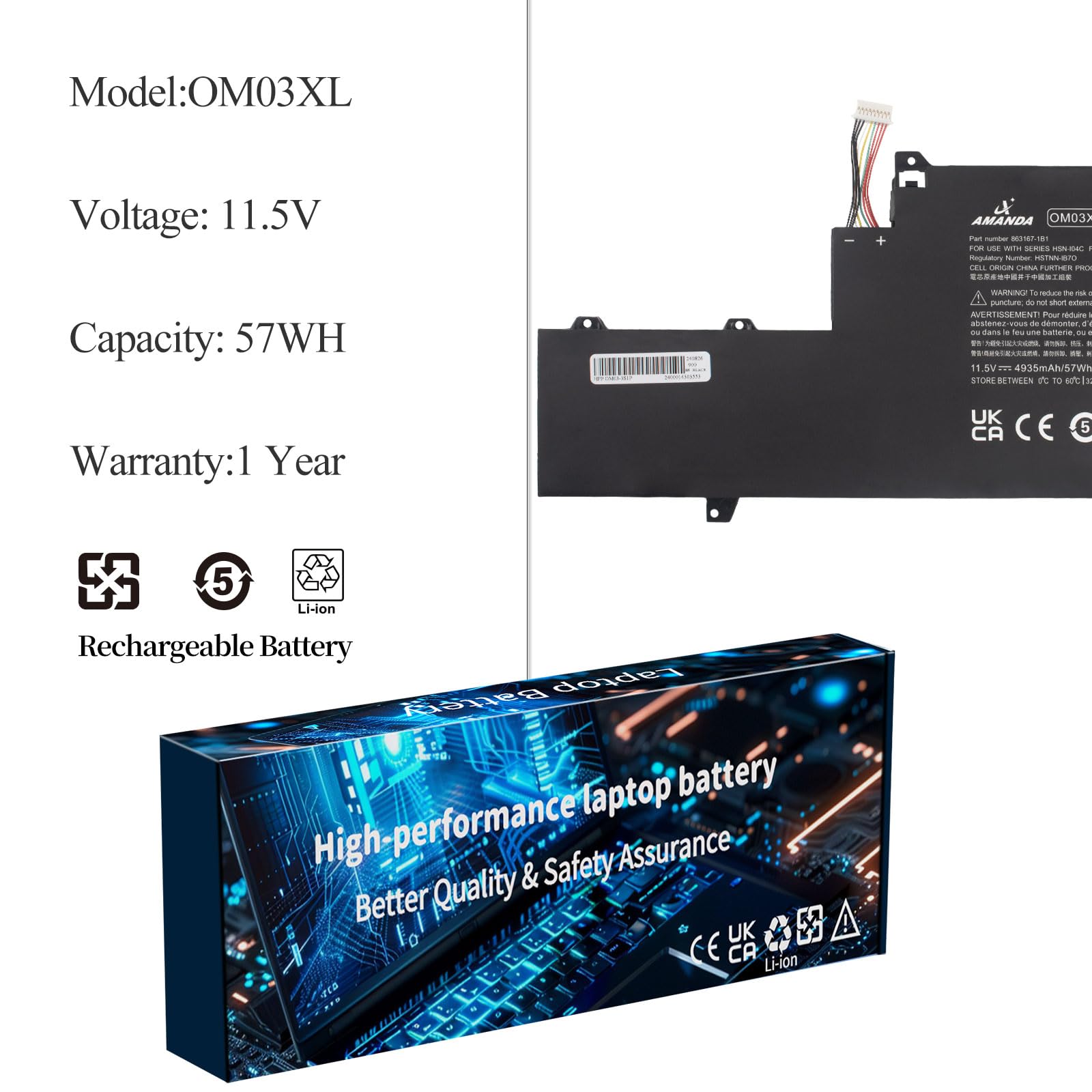 Amazon.com: A AMANDA OM03XL OMO3XL Laptop Battery for HP EliteBook